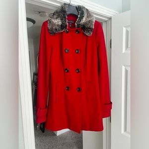 Beautiful crimson red wool peacoat from Long Tall Sally with removable faux fur